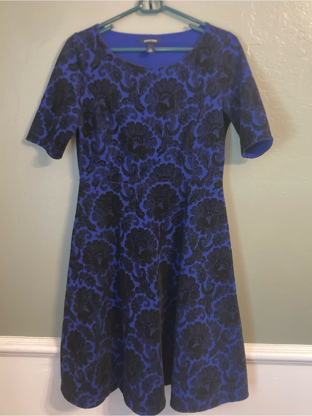 Lands' End Blue and Black Floral Fit-and-Flare Dress